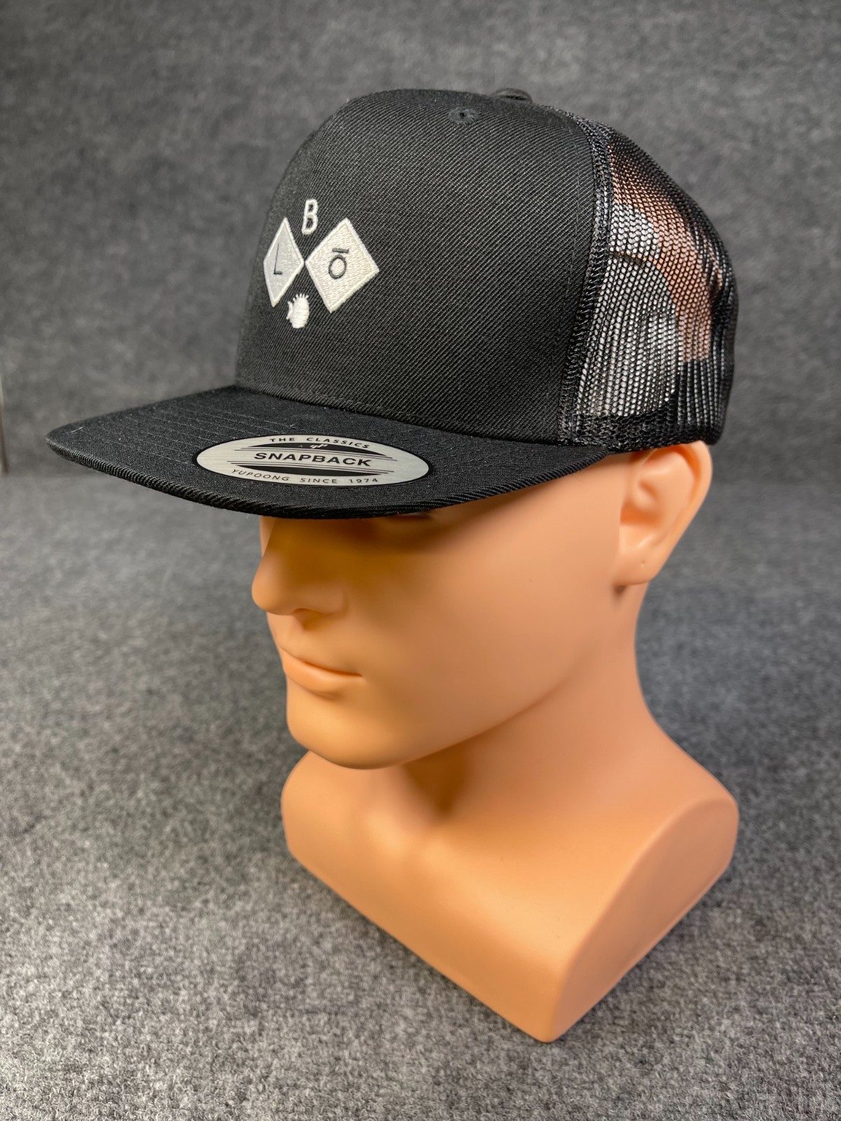 BLōFISH Branded and Logoed Cap Black Trucker mesh snap back closure