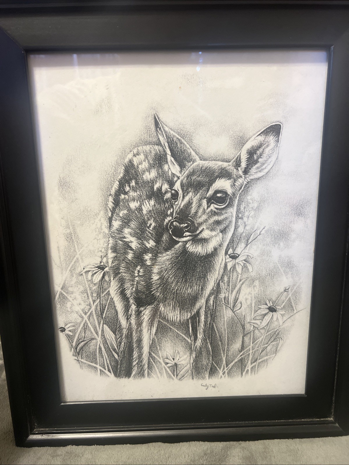 Original Artwork Drawing Emily Ted Fawn Baby Dear Spring 10x13 Wildlife