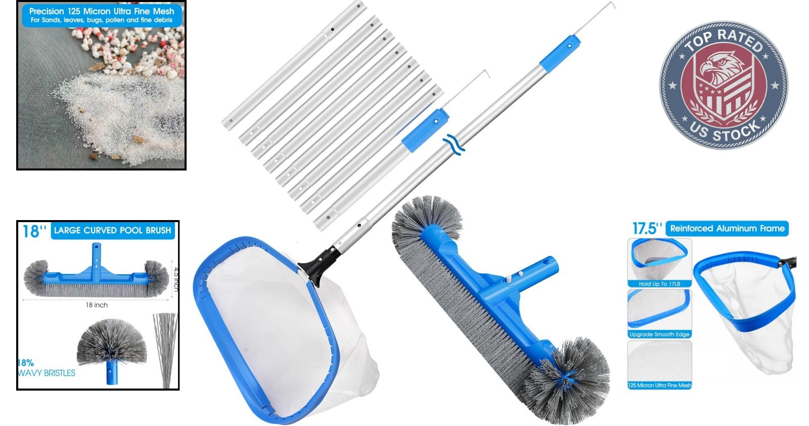 3-Piece Pool Cleaning Kit with 10 ft Pole & Ultra Fine Skimmer Net for Spas