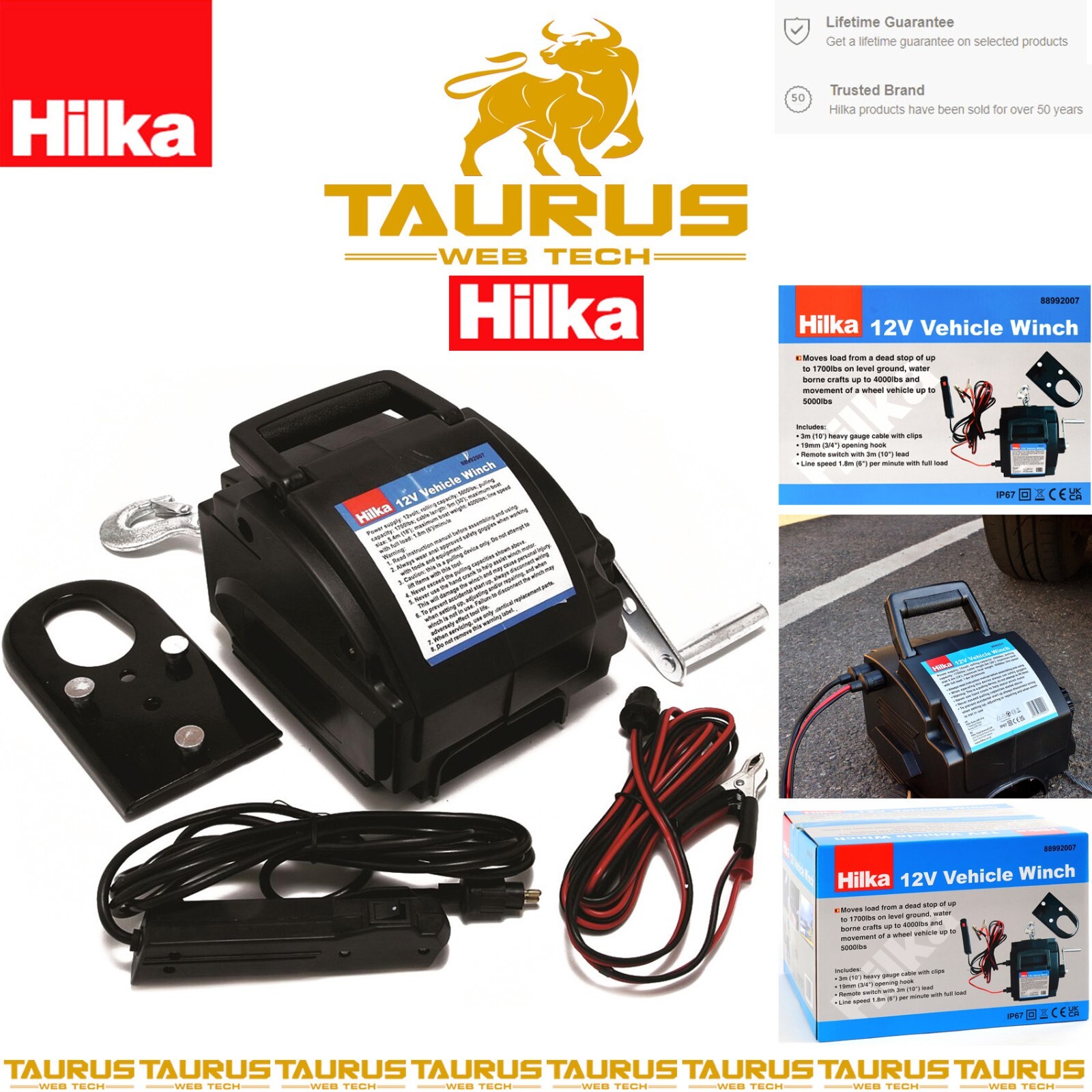 HILKA Vehicle Winch 12 Volt 1700lbs Capacity Pulling DIY 9m By 5mm Heavy Gauge