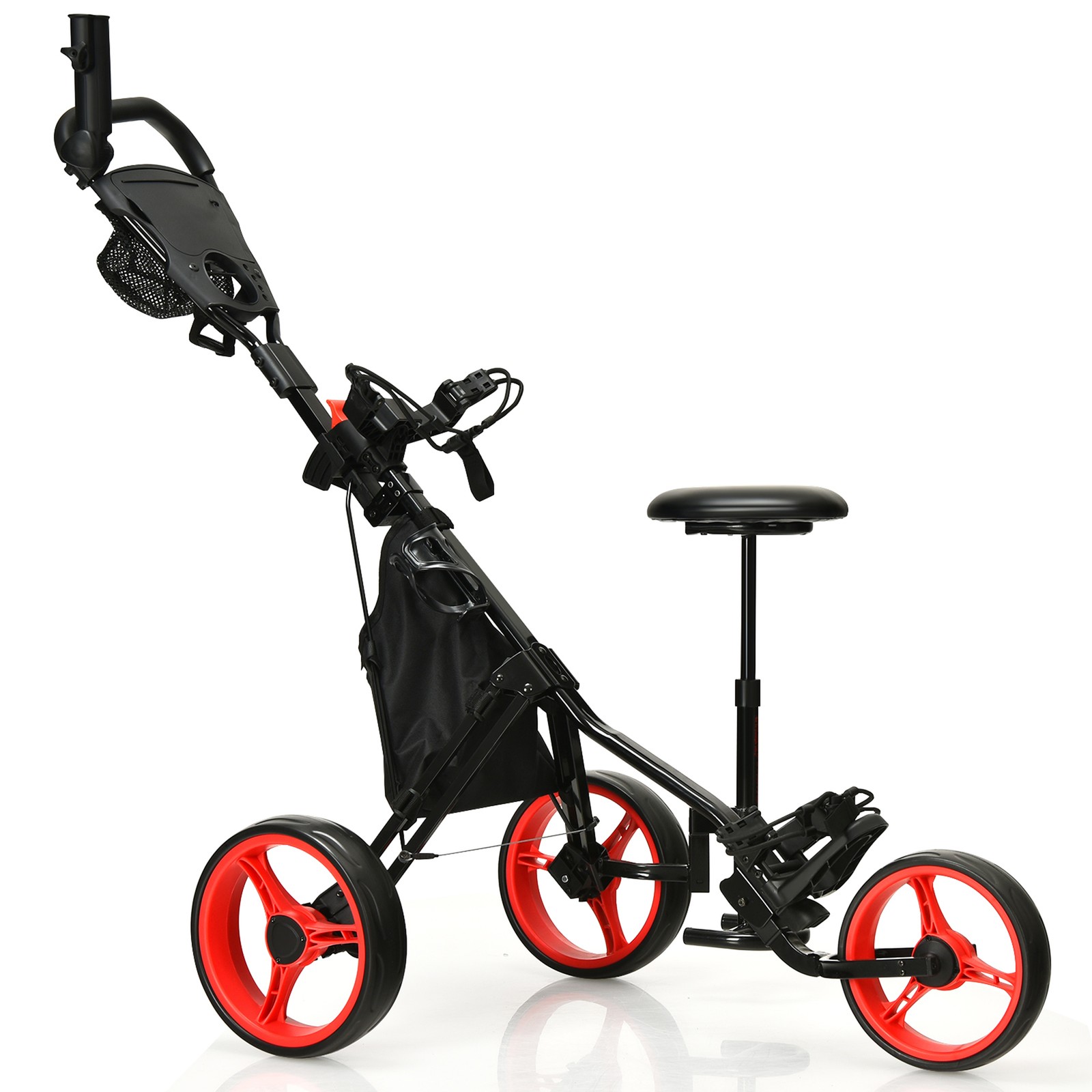 3-Wheel Foldable Golf Push Pull Cart Trolley w/ Seat Adjustable Handle Red