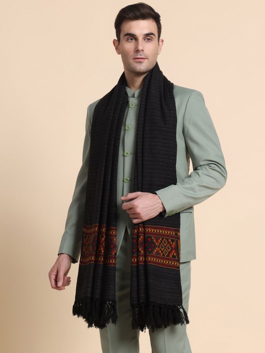 Men's Traditional Kullu Woolen Winter Shawl Stole with Tasseled border