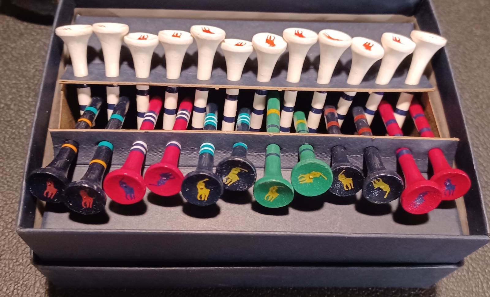 Vtg Polo Ralph Lauren Golf Tees Box of 24 Wooden Multicolored Logo *See Desc* -i