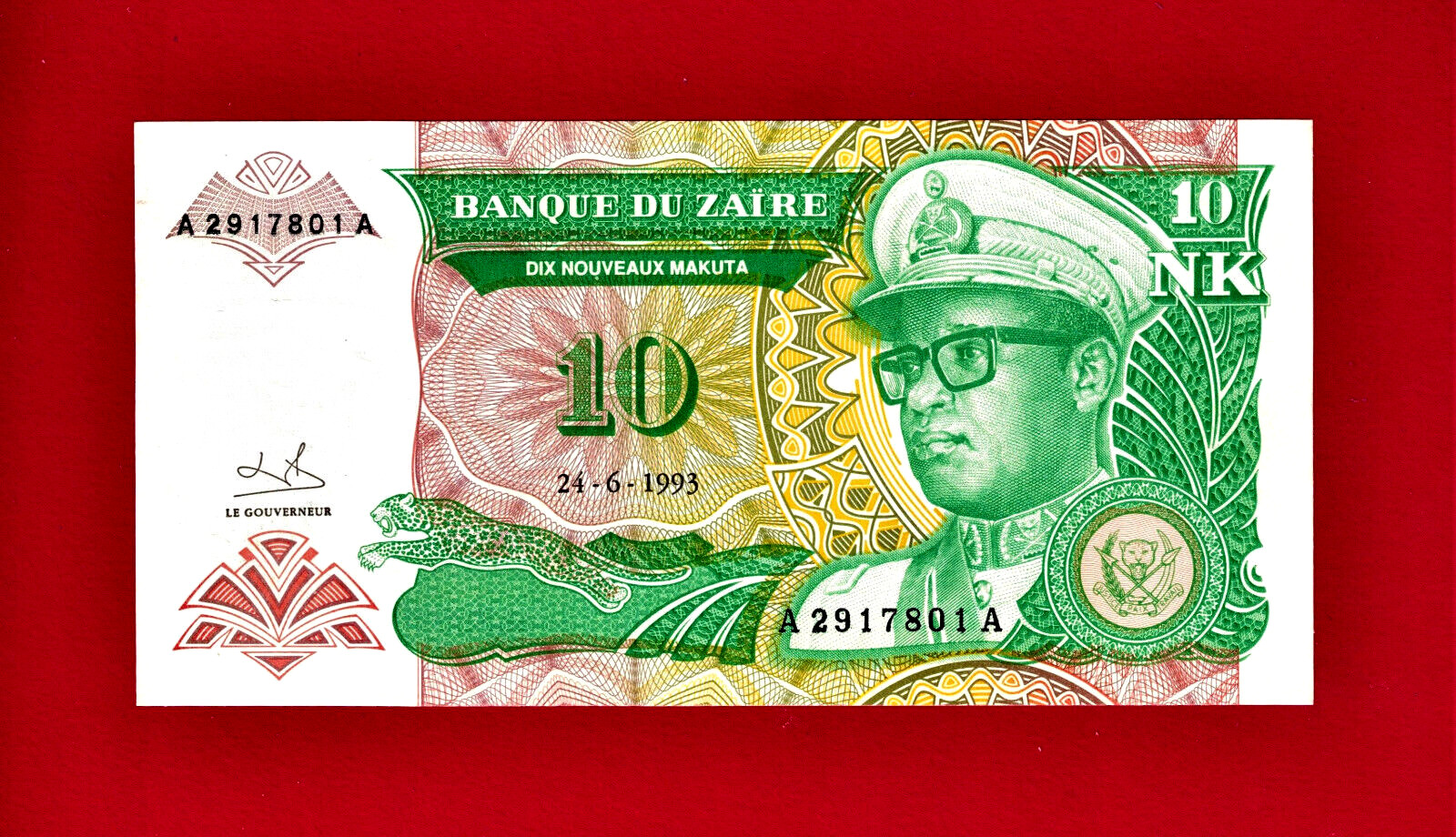 10 NOVEAUX MAKUTA 1993 ZAIR UNC NOTE (P-49) Sign: B. Mushaba, Prefix A, Suffix A