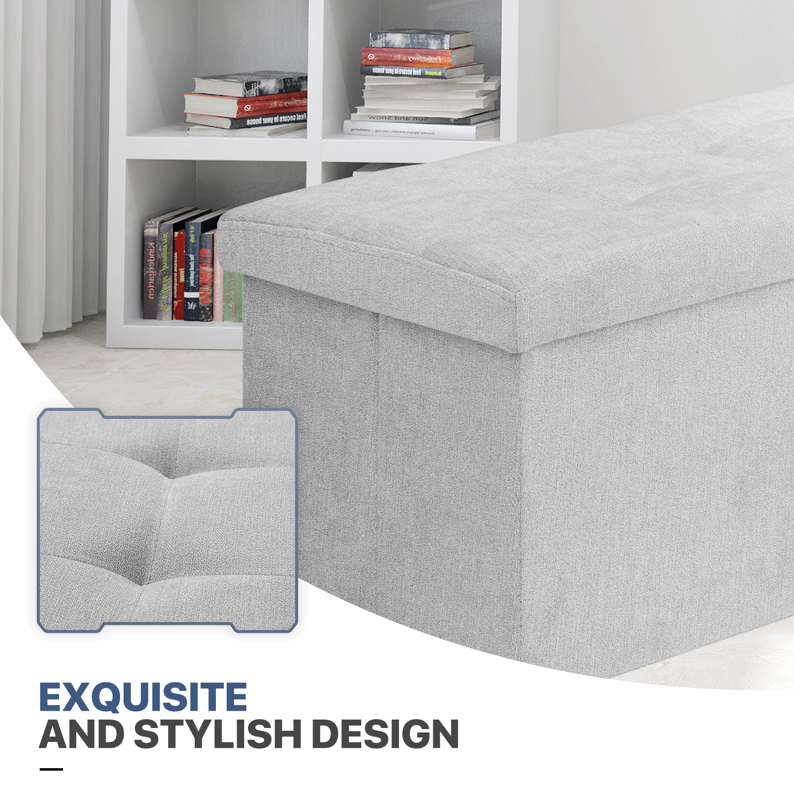 43" Light Gray 130L Storage Ottoman Foot Stool Folding Bench with Flipping Lid