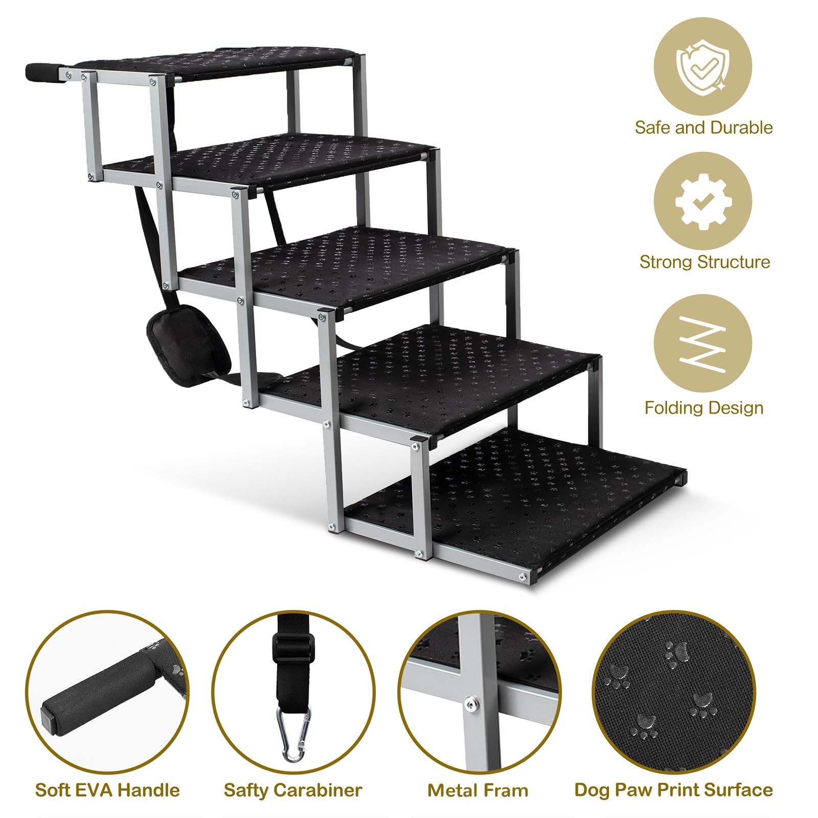 Dog Stairs Foldable Ramp Non Slip 250 Lb Wide 5 Steps Silver Portable Extra Cars