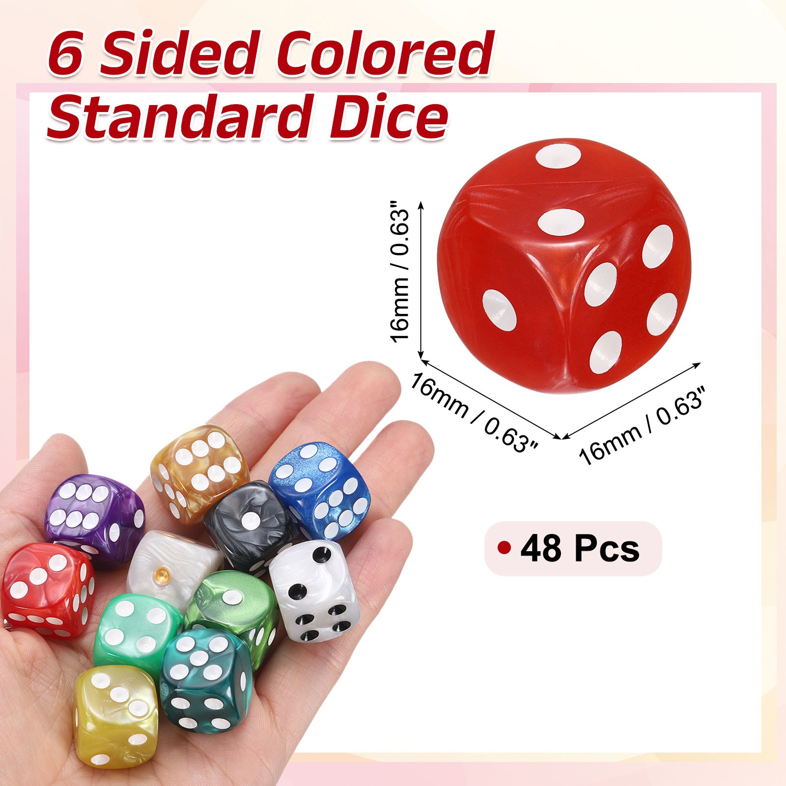 48Pcs 6 Sided Colored Standard Dice, Acrylic D6 Pearl Pattern Dice, Red