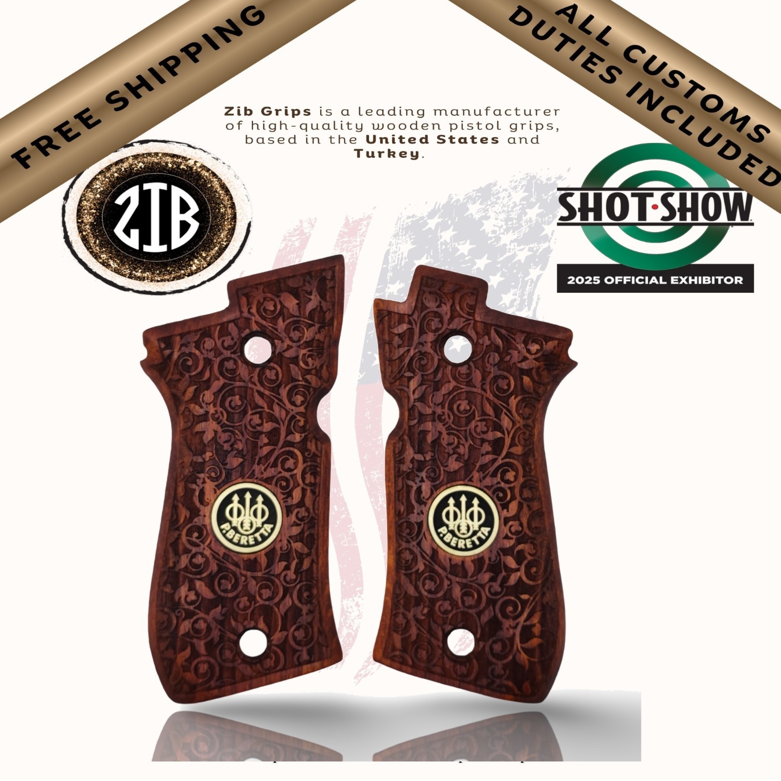 Zib Fits Beretta® F81 84FS 84BB Cheetah Gun Grip Wooden Metal Brass Logo Oak Col