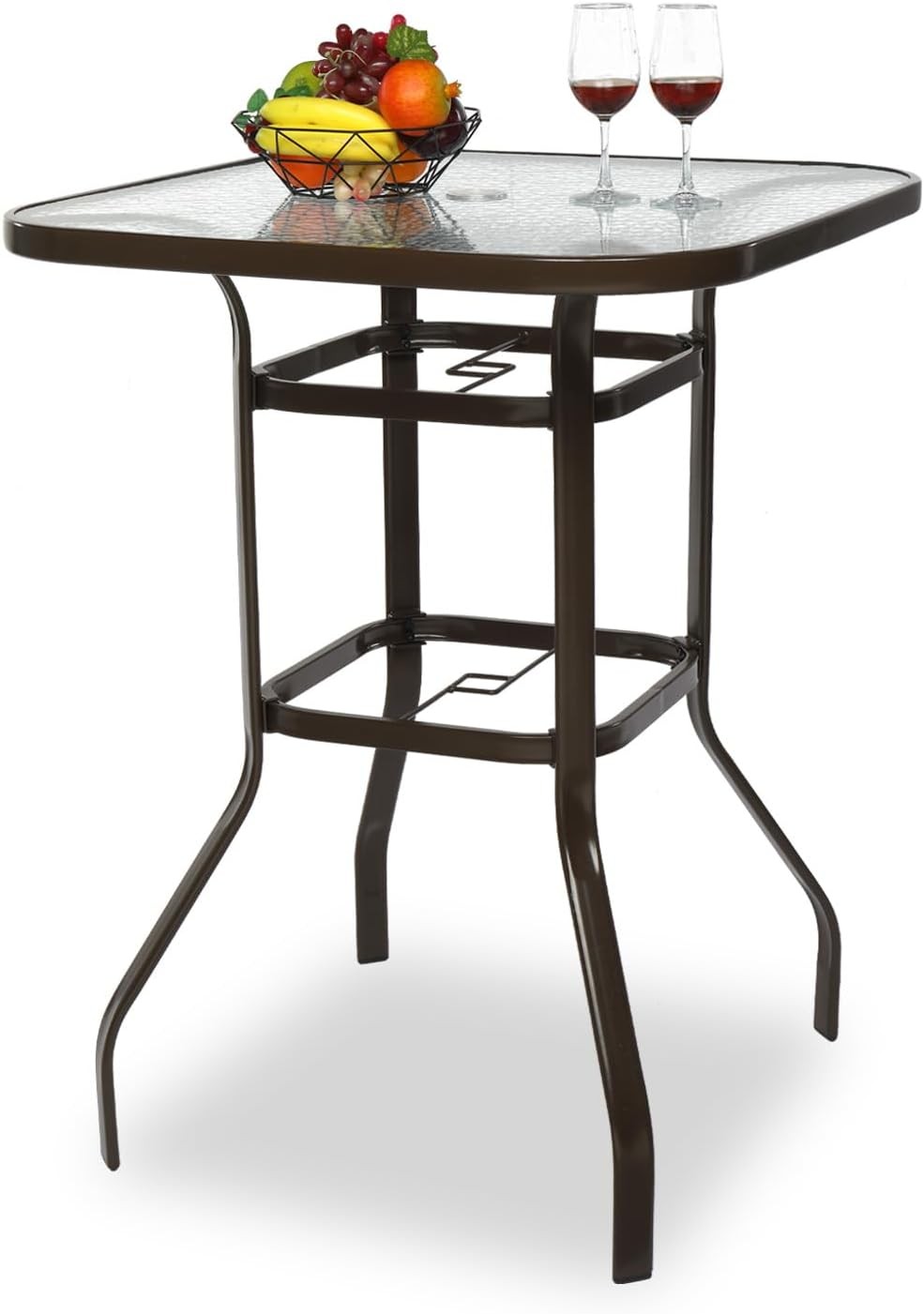 Outdoor Bar Table with Umbrella Hole, Metal Patio Bar Height Pub Table for Patio