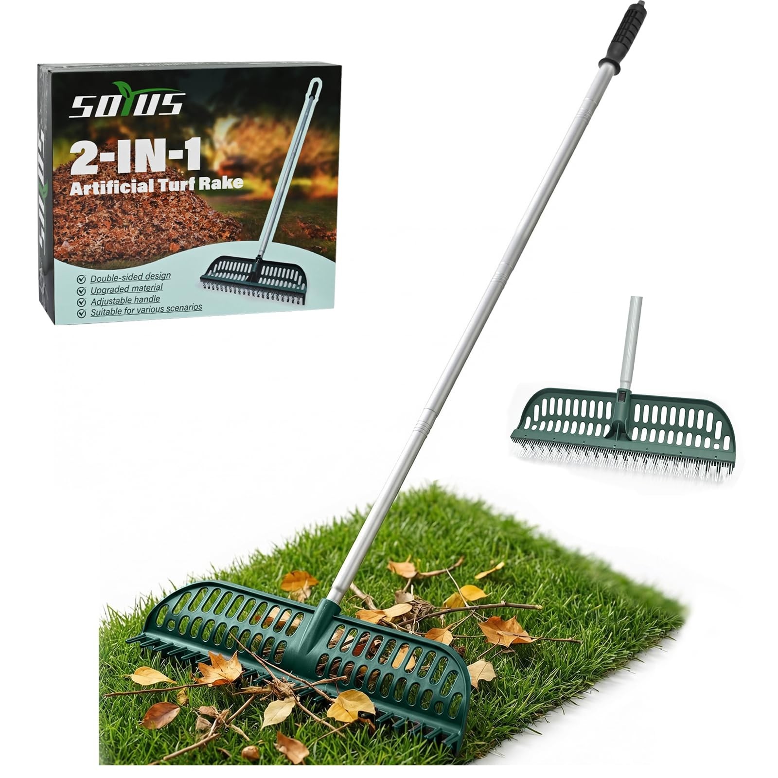 Artificial Turf Rake, 2 in 1 Turf Rake with Adjustable Steel Handle, 30" to 5...