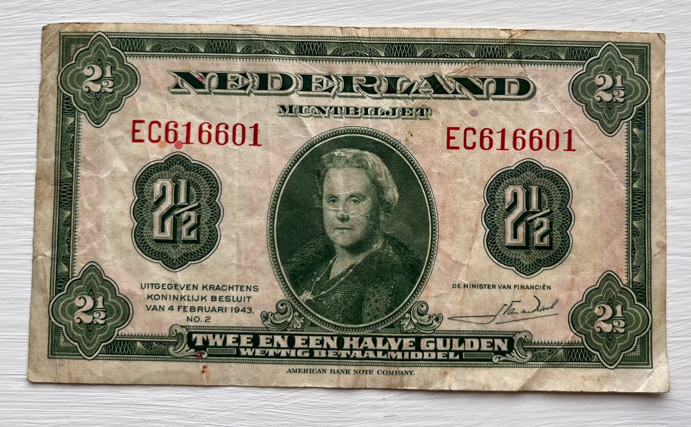 1943 Netherlands 2 1/2 Gulden banknote