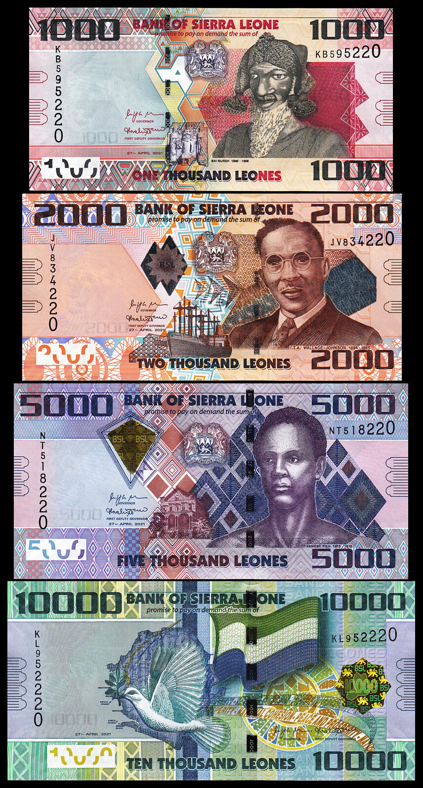 Sierra Leone, 4 Pcs SET 1000 2000 5000 10000 Leones 2021, UNC P-New, Last 3 Same
