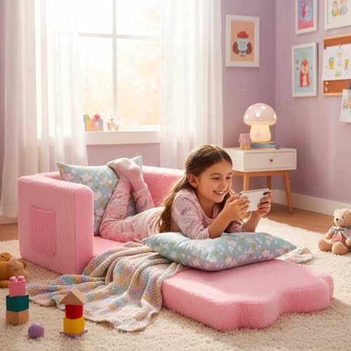 Valentine Kids Chair or Couch for Toddler, 2-in-1 Soft Foldable Couch, Bow