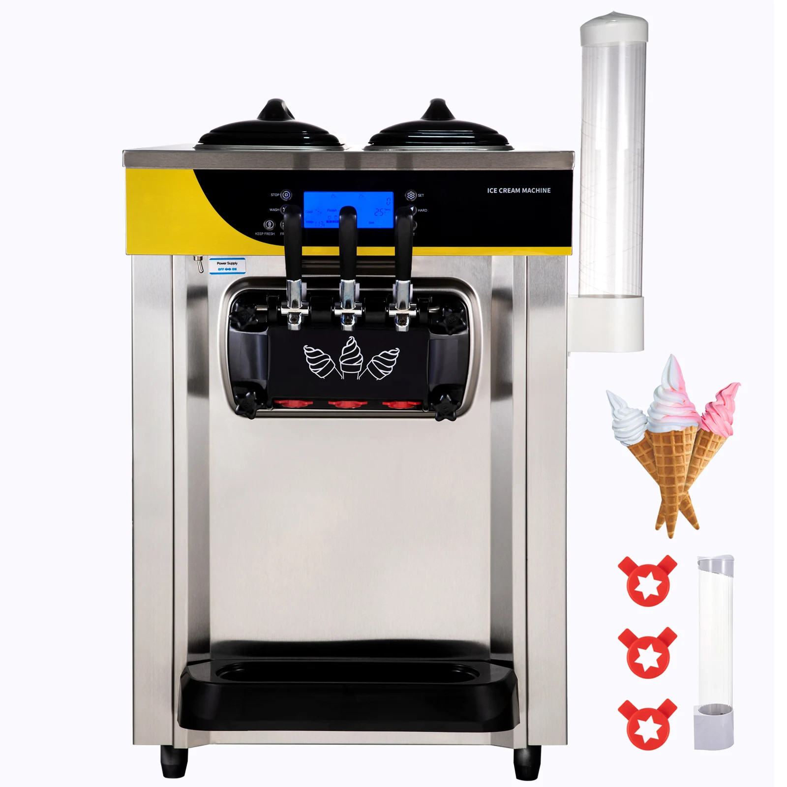 22-30L/H Soft Ice Cream Machines Commercial Tricolor Desktop Sweet Cone Freezing