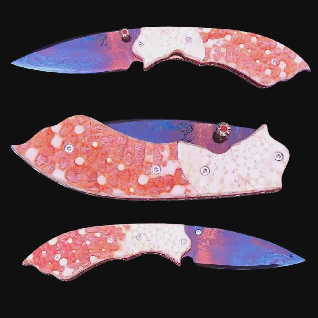 LEK CUSTOM FOLDING KNIFE Blued Damascus steel ART starfish Crafts Handmade Rare