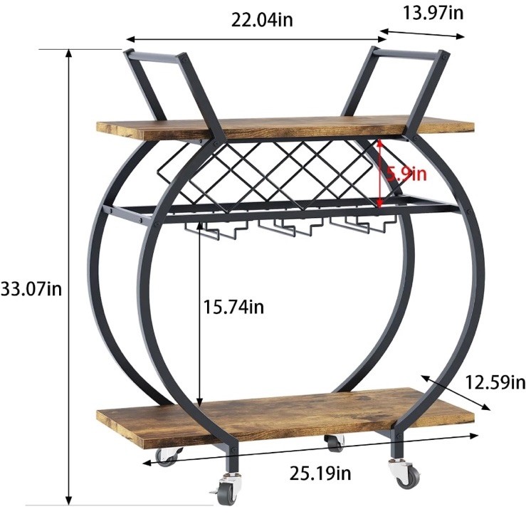 2 Tier Rolling Bar Cart Home Serving w/ Wine Rack & Wheels Modern Rustic Round