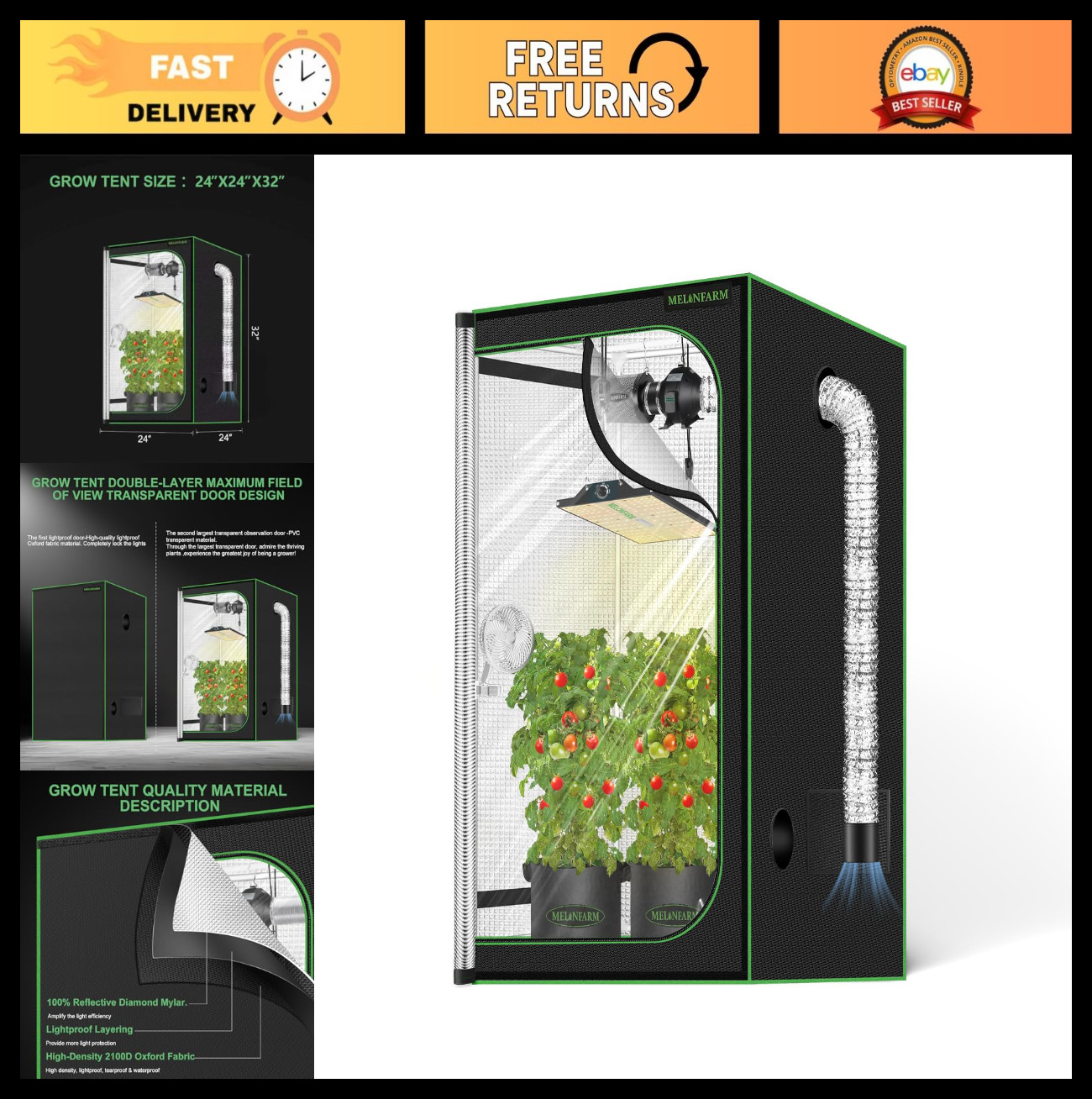 2x2 Indoor Grow Tent with Double Viewing Door, High Reflective Mylar & Floor Tra