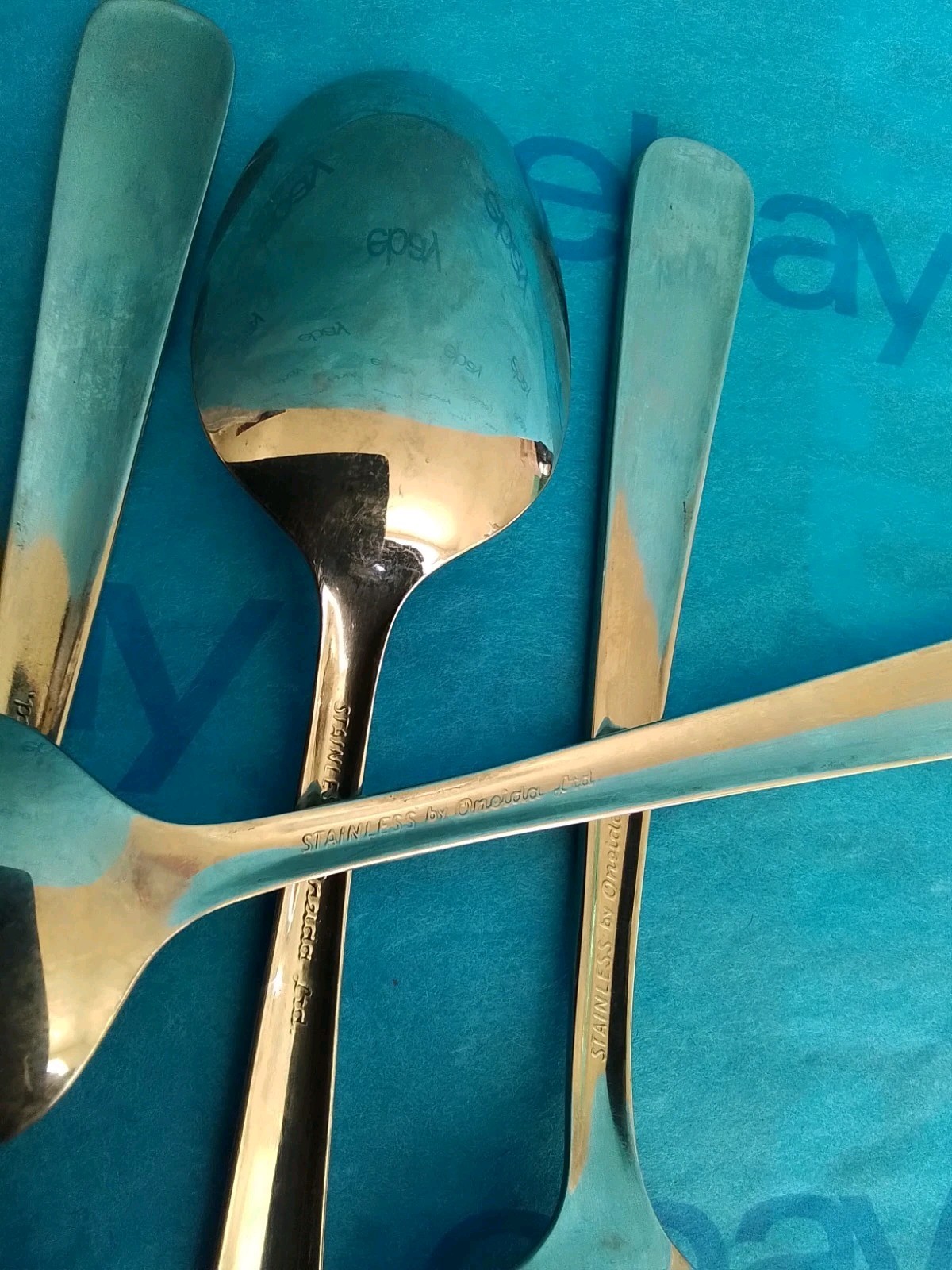 8 Oneida Oceanic Stainless Flatware Teaspoons, Glossy, Vintage, VGUC
