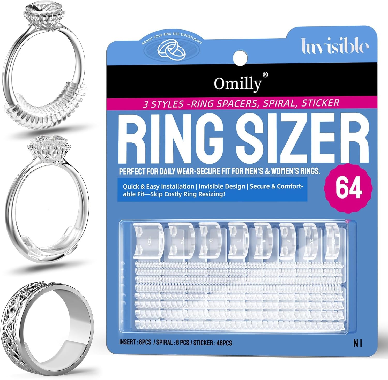 64PCS Ring Sizer Adjuster Set Ring Guards & Spiral Coils Invisible
