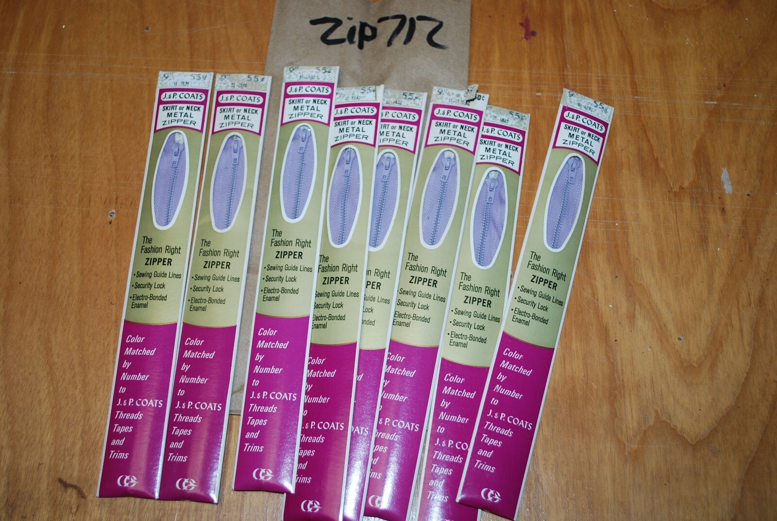 N.O.S. J&P Coats 9" Metal Zipper 91 Lilac - (Lot of 8 packs) - zip712