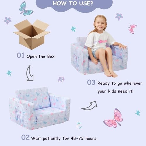 Toddler Chair 2-in-1 Kids Couch Bed Fold Out Convertible Kids Purple Butterfly