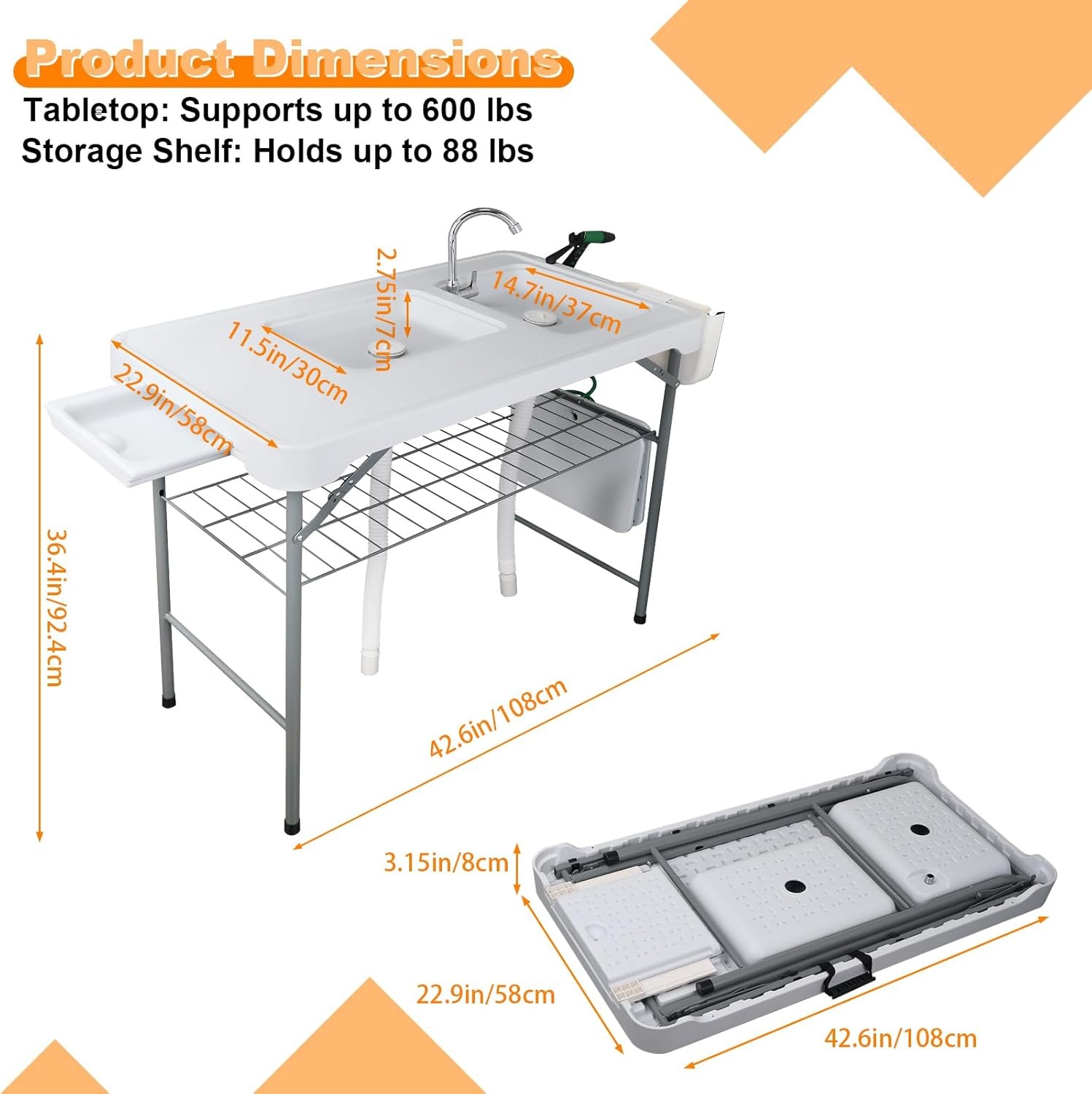 Fish Cleaning Table with 2 Sinks & Grid Rack - 42.5” Outdoor Fish Fillet Clean