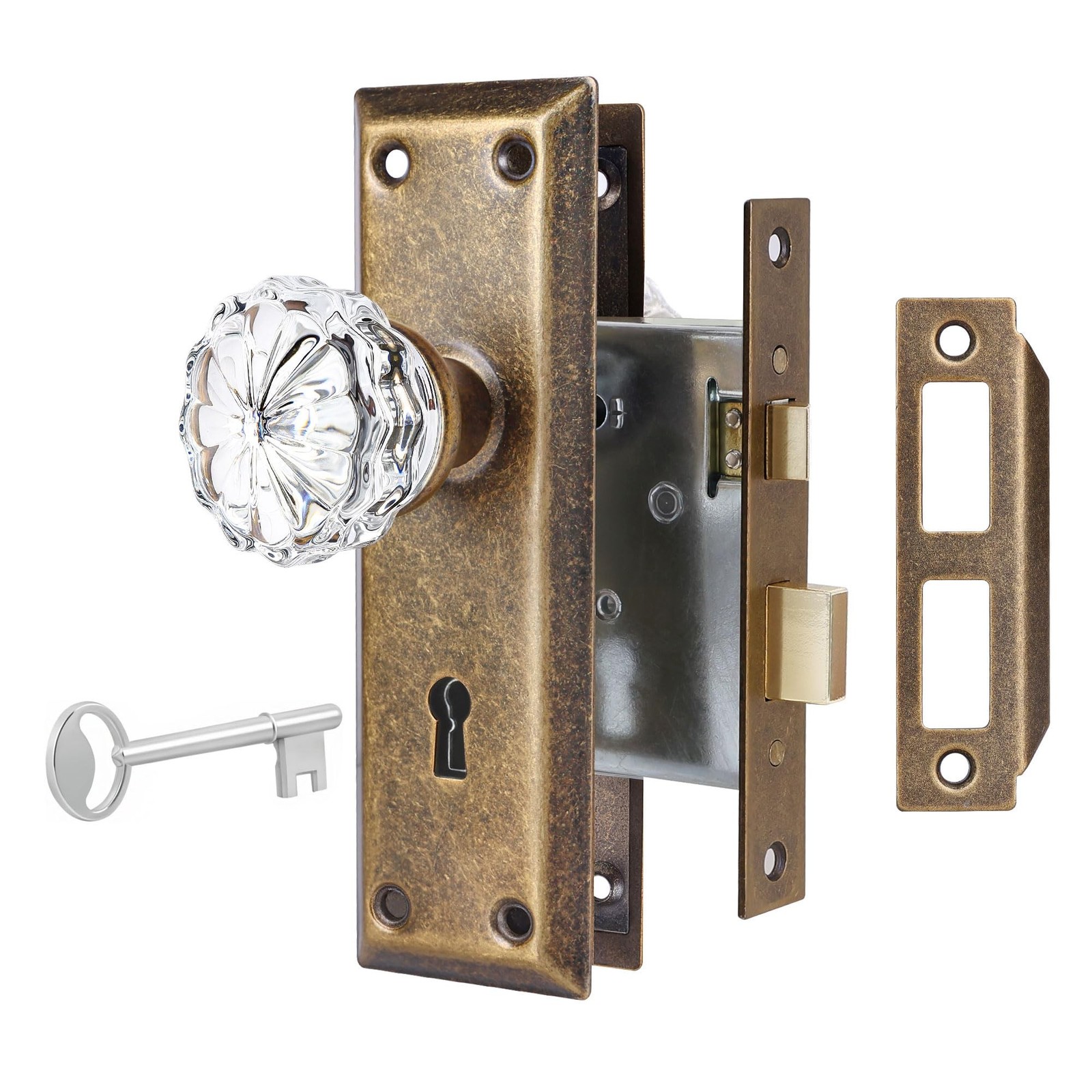 Mortise Lock Set for Interior Door, Vintage Antique Brass Door Knobs with Loc...