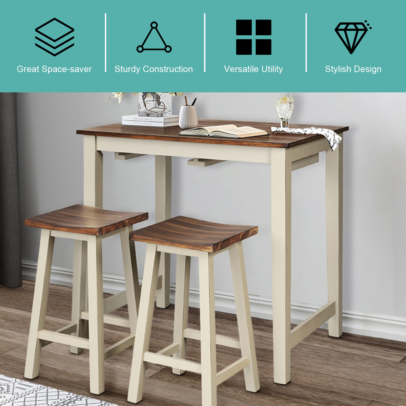 3-Piece Bar Table Set Counter Pub Table& 2 Saddle Bar Stools w/ Hanging Design