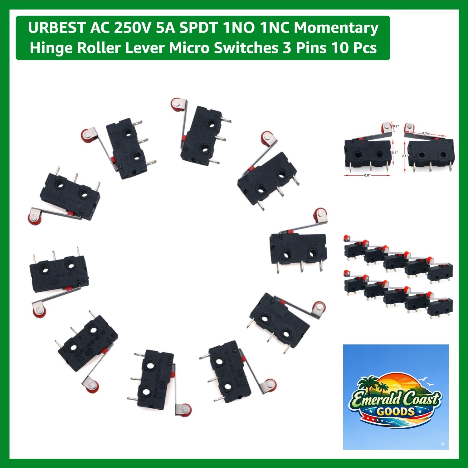 10 Black 250V AC 5A SPDT Roller Lever Micro Switches for Electronic Projects