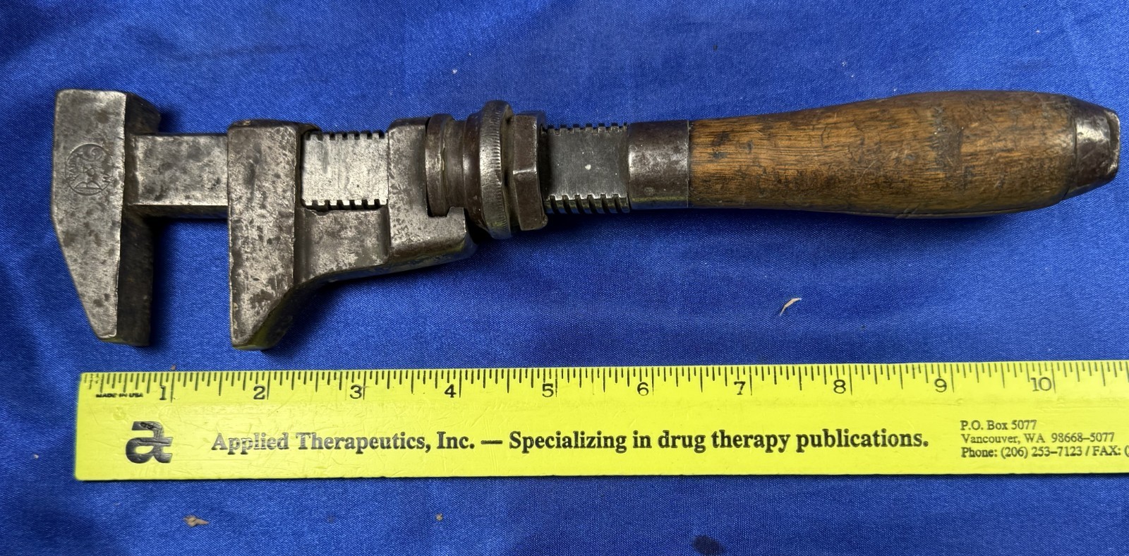 Vintage Bemis & Call Monkey Wrench , Wooden Handle, Springfield Mass. USA