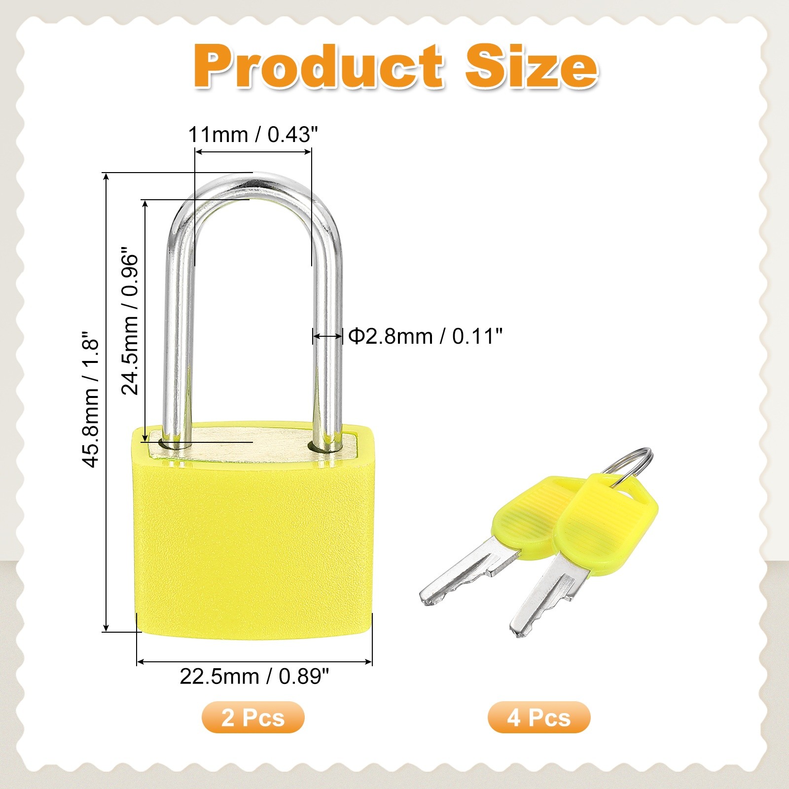 2 Pcs Padlock with Keys Long Shackle Waterproof Keyed Locks Yellow