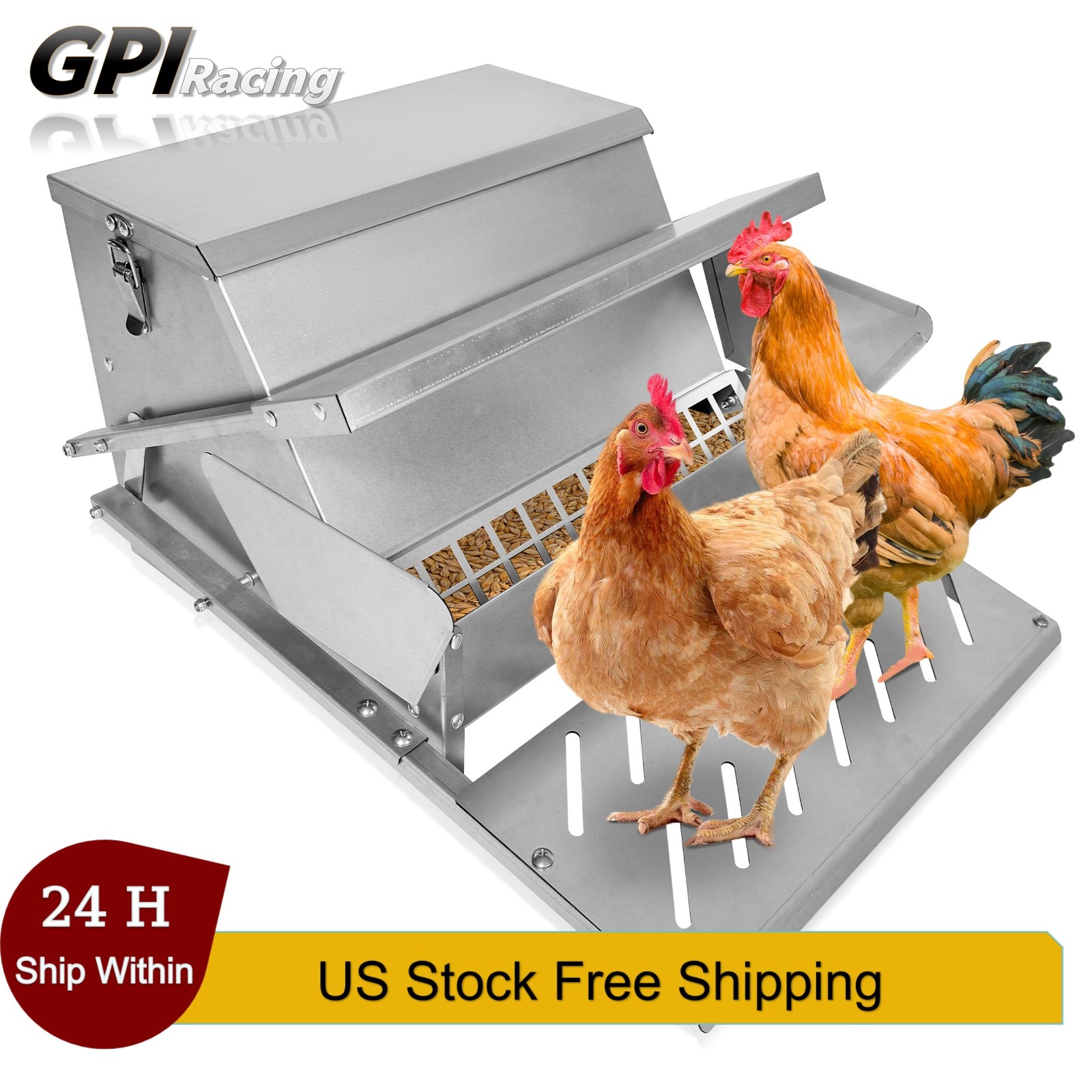 Automatic Chicken Feeder Galvanized Steel Weatherproof Feeder 20lb Capacity