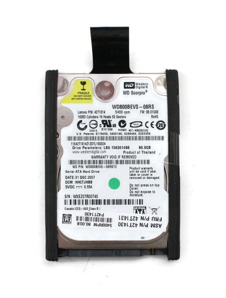 80gb 5400rpm sata 2.5'' hdd fw:08.01g08, 31dec2007, dcm: hhctjhbb, 42t1014, fru