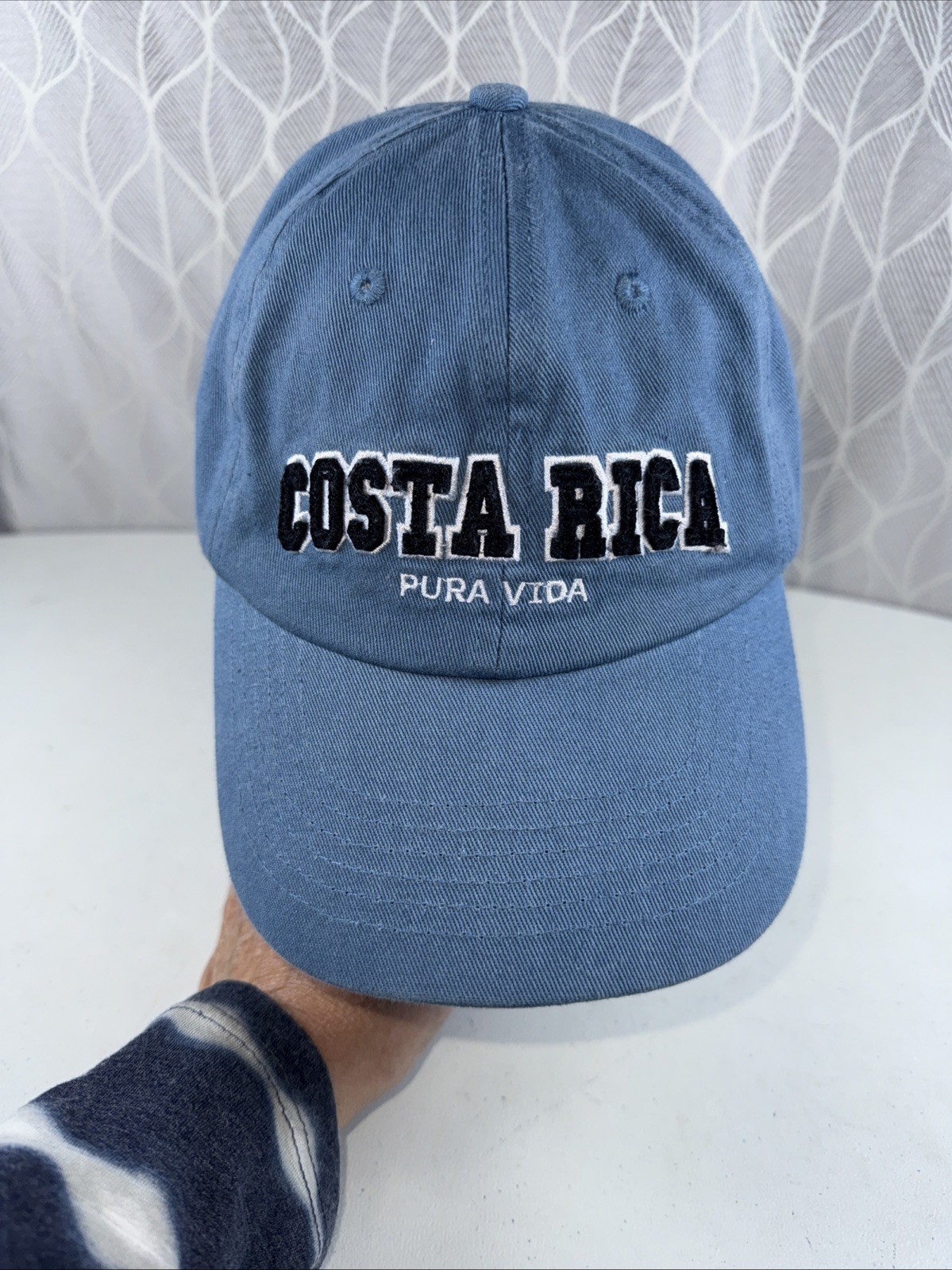 Costa Rica in Black w White on Blue Hat Cap Pur Vida Flag Strap Buckle CottonEUC