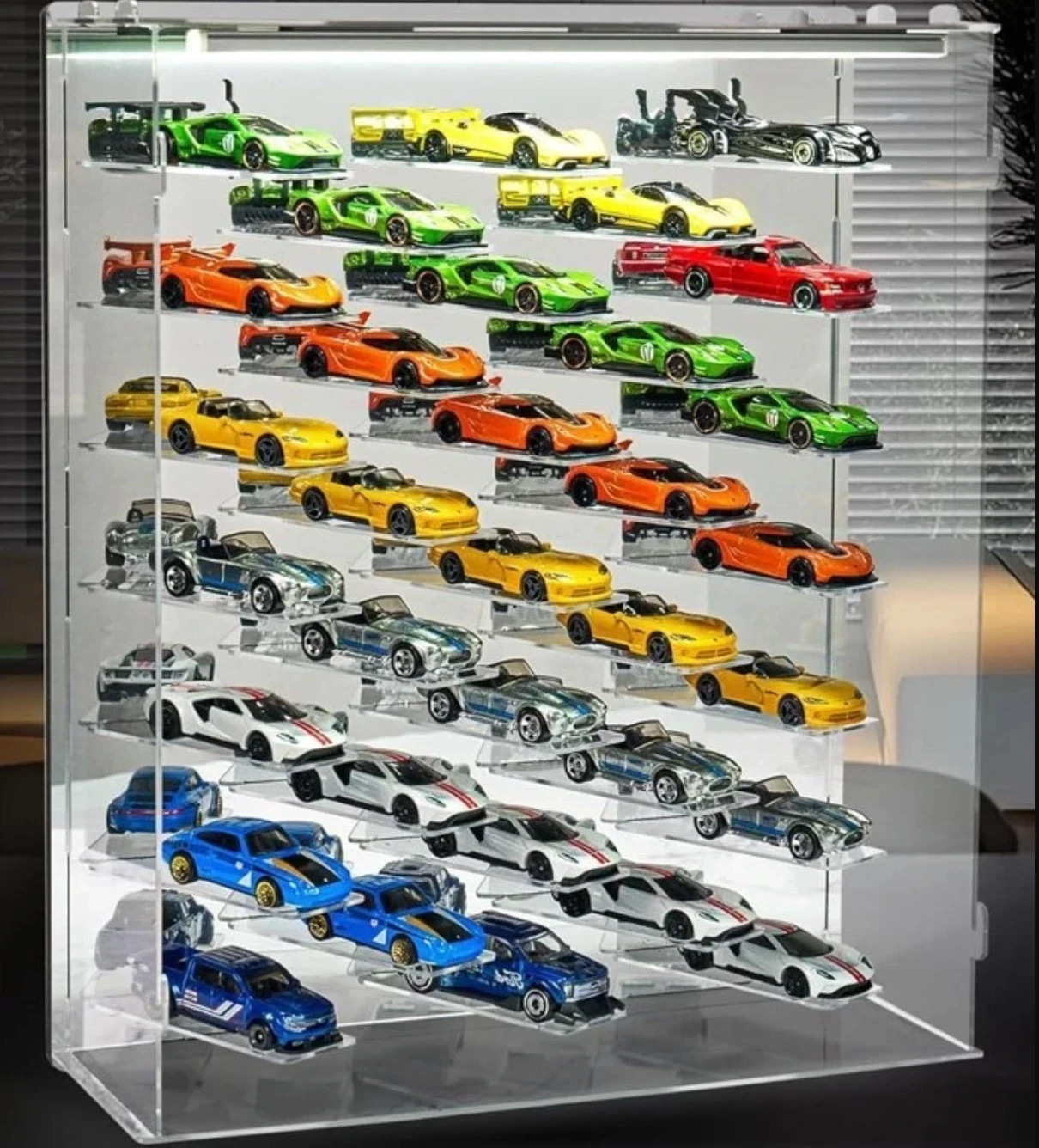 Car Display Case 33 Pc Acrylic LED Light Mirrored Wheels Model 1/64 Diecast Rack