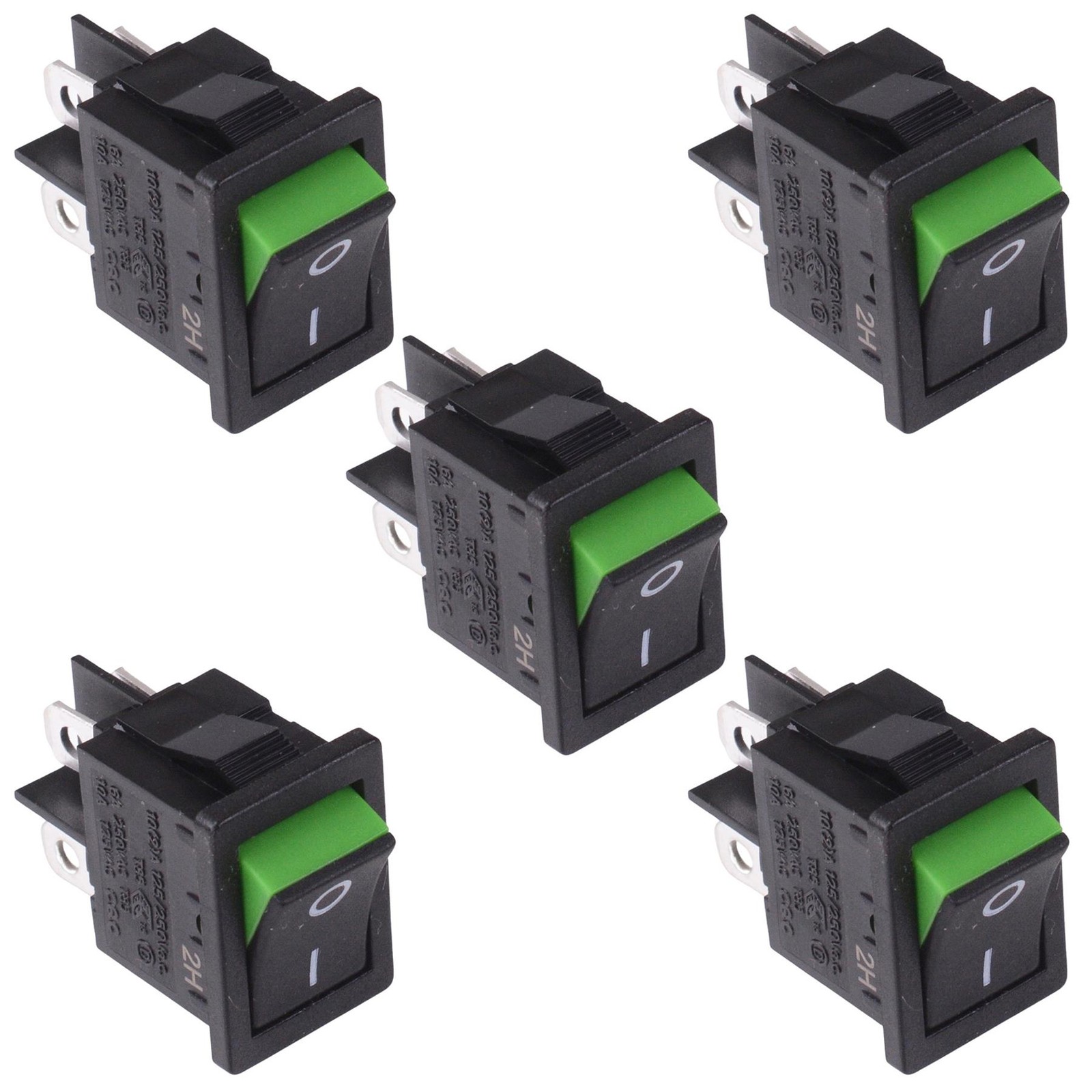 5 x Green On-Off Rectangle 'Visi On' Rocker Switch DPST R13-73A2-02