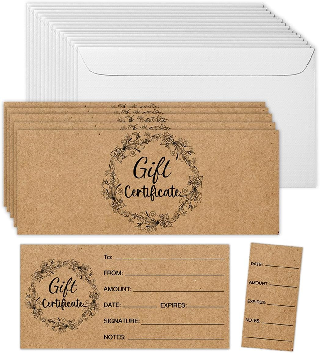 50 Sets Blank Kraft Gift Certificates for Business, Custom Vounchers | Fill-in G