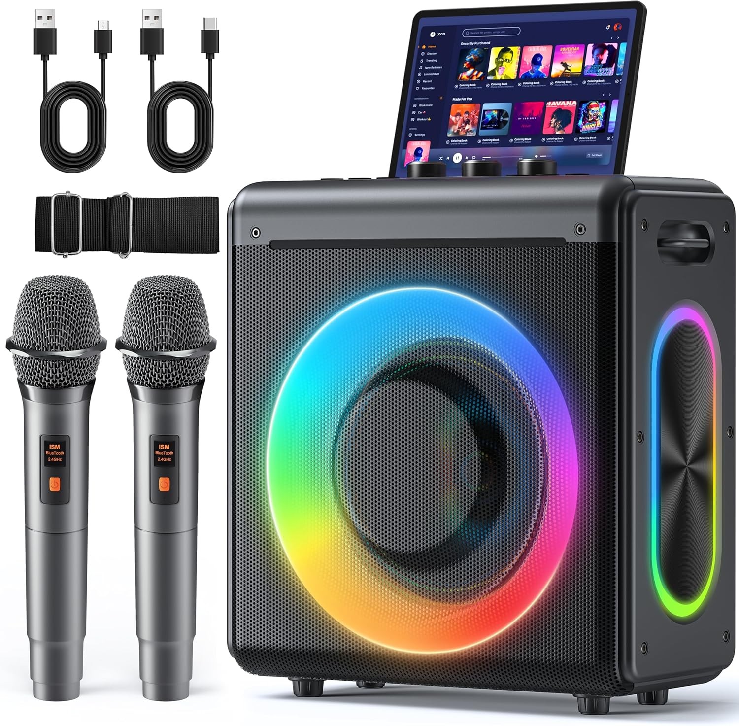 Karaoke Machine with 2 Wireless Rechargeable Microphones: Portable Bluetooth Spe