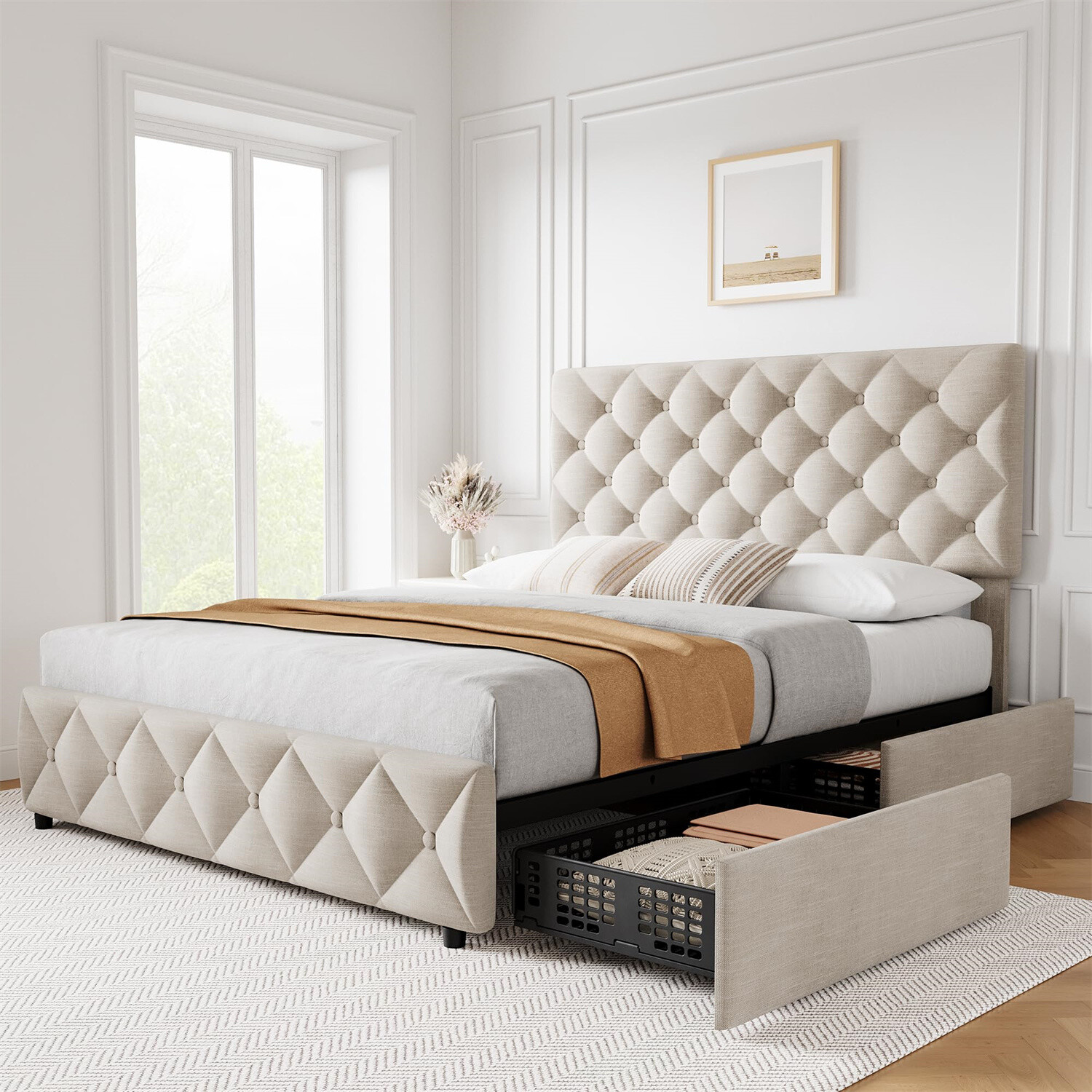 QUEEN Size Bed Frame with 4 Storage Drawers and Headboard Upholstered Platform