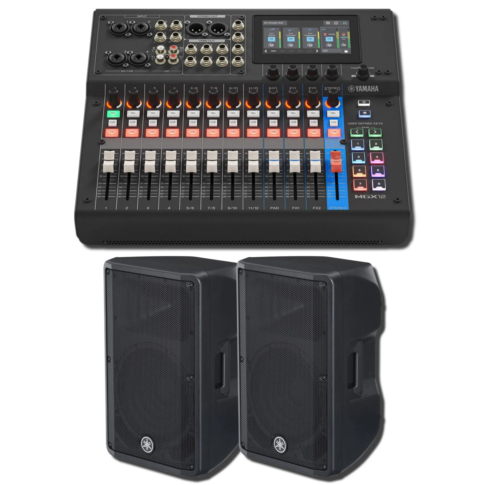Yamaha MGX12 B 18-Ch Digital Mixer w/ 2x DBR12 1000W Powered Speakers Bundle