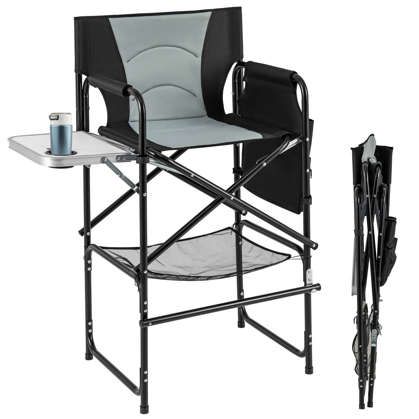 46" Tall Directors Chair w/ Foldable Side Table & Footrest, Extra Cup Holder