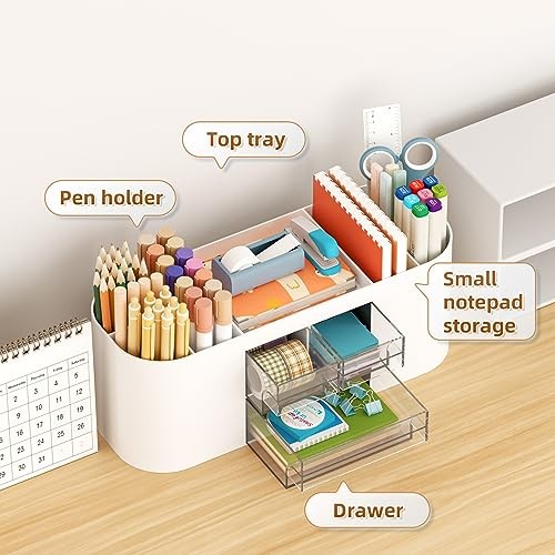 Desk Organizer Pen Holder for Desk with 3 Drawers, Multi-Functional White