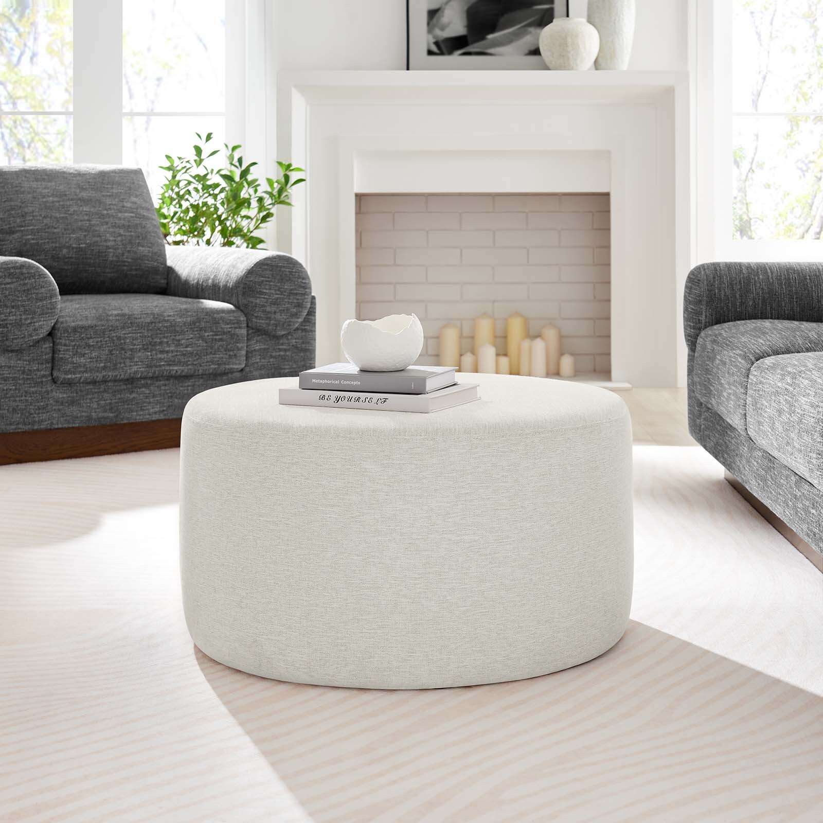 Modway Large 29" Round Woven Heathered Fabric Upholstered Ottoman