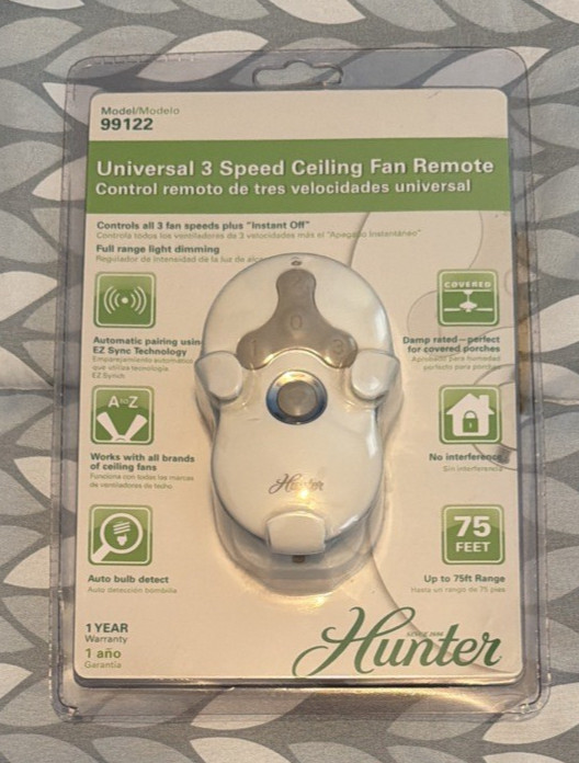 Hunter 99122 Universal 3-Speed Ceiling Fan Remote Control Kit NEW Sealed