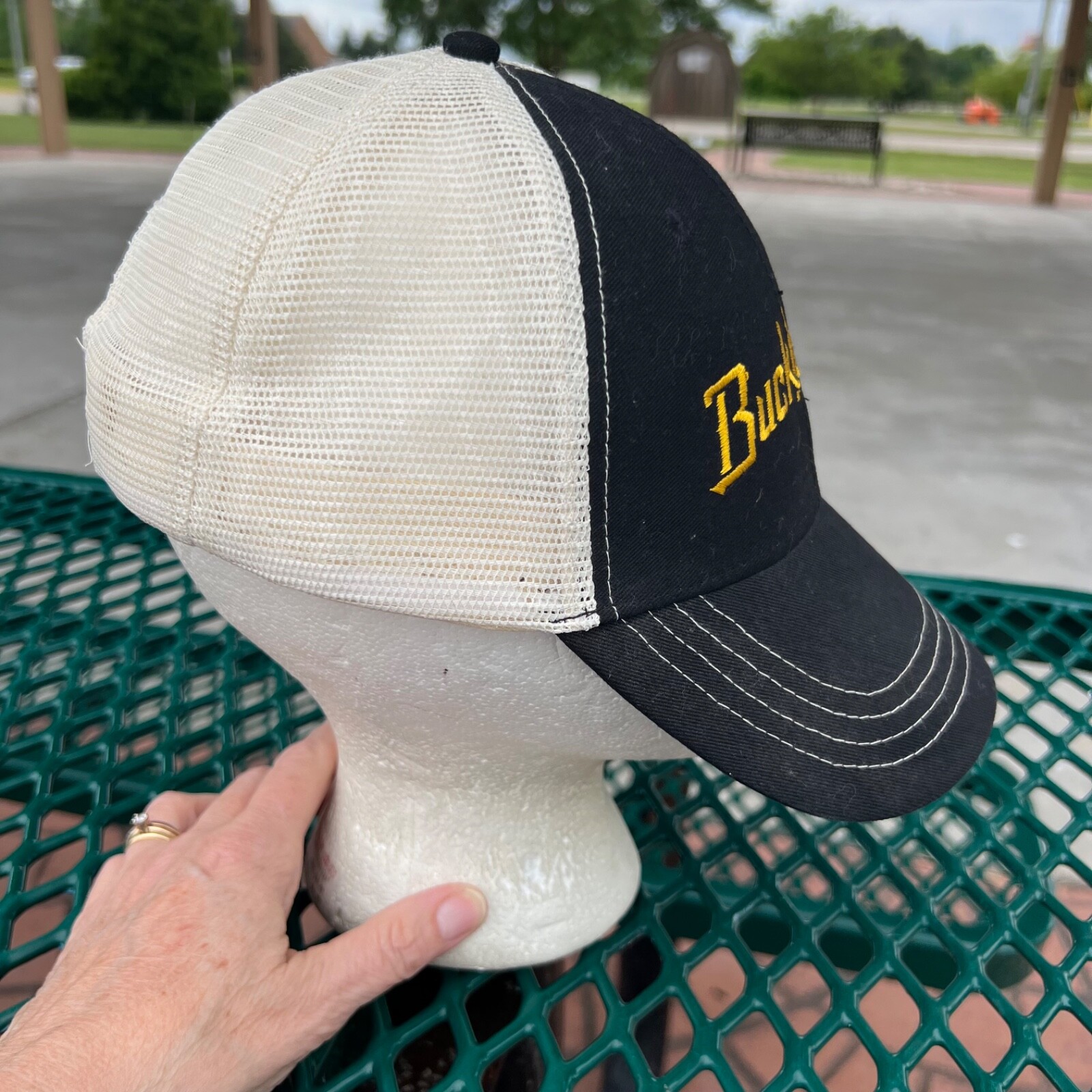 Buckle Down in Gold Script on Black Trucker Hat Cap w White Snapback Brewery EUC