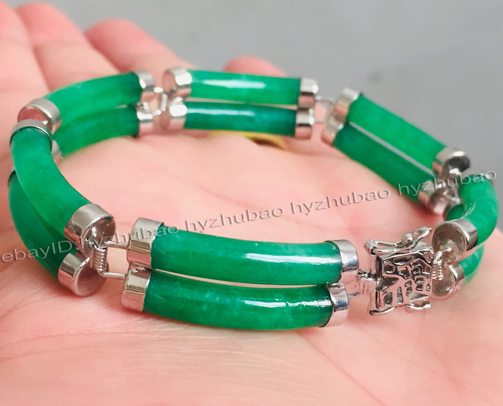 2Rows Natural Green Jade Link Jewelry Bracelet AAA Grade