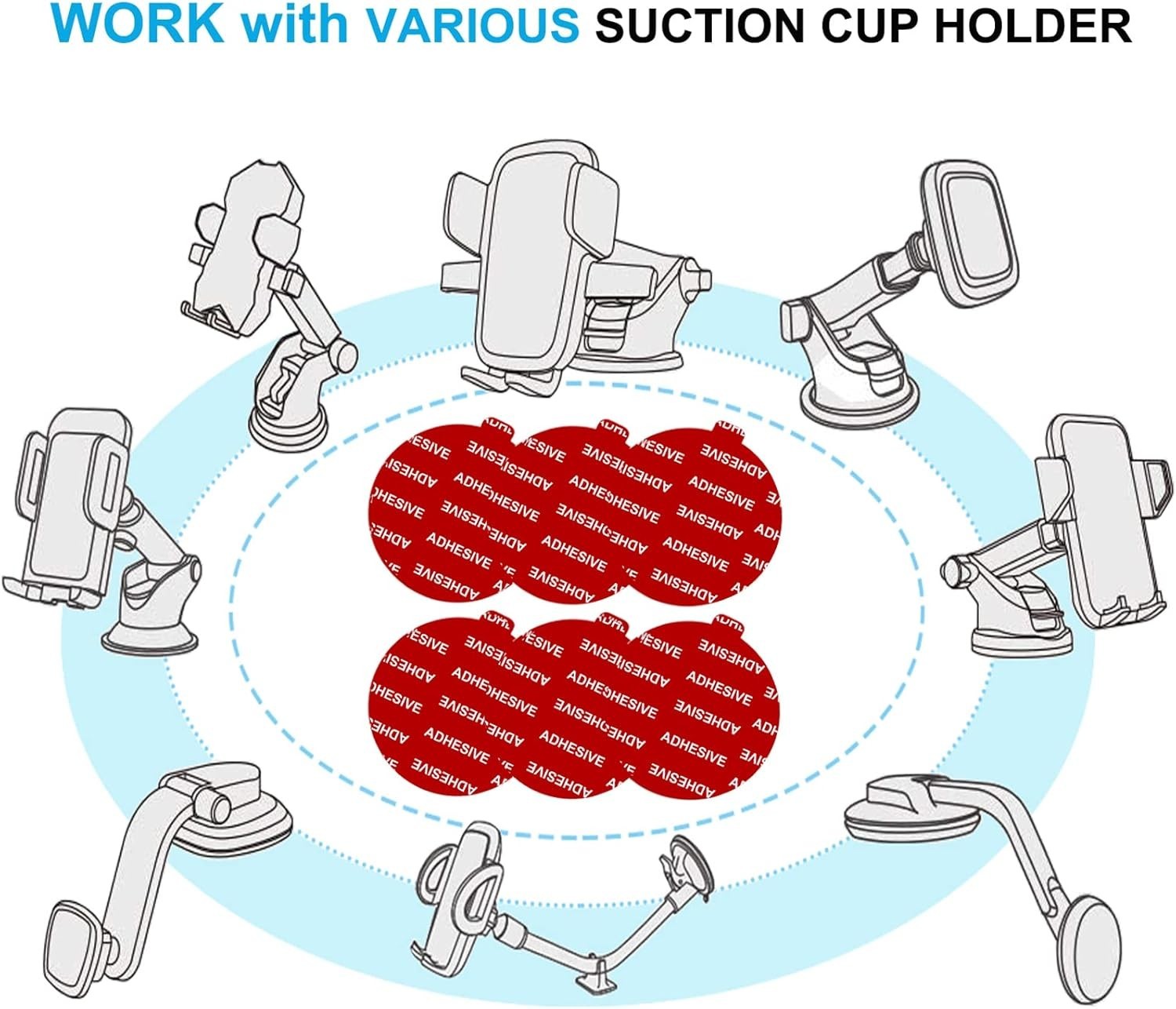 6-Pack Double-Sided Adhesive Pads for Suction Cup Mounts - Car & Dashboard Use