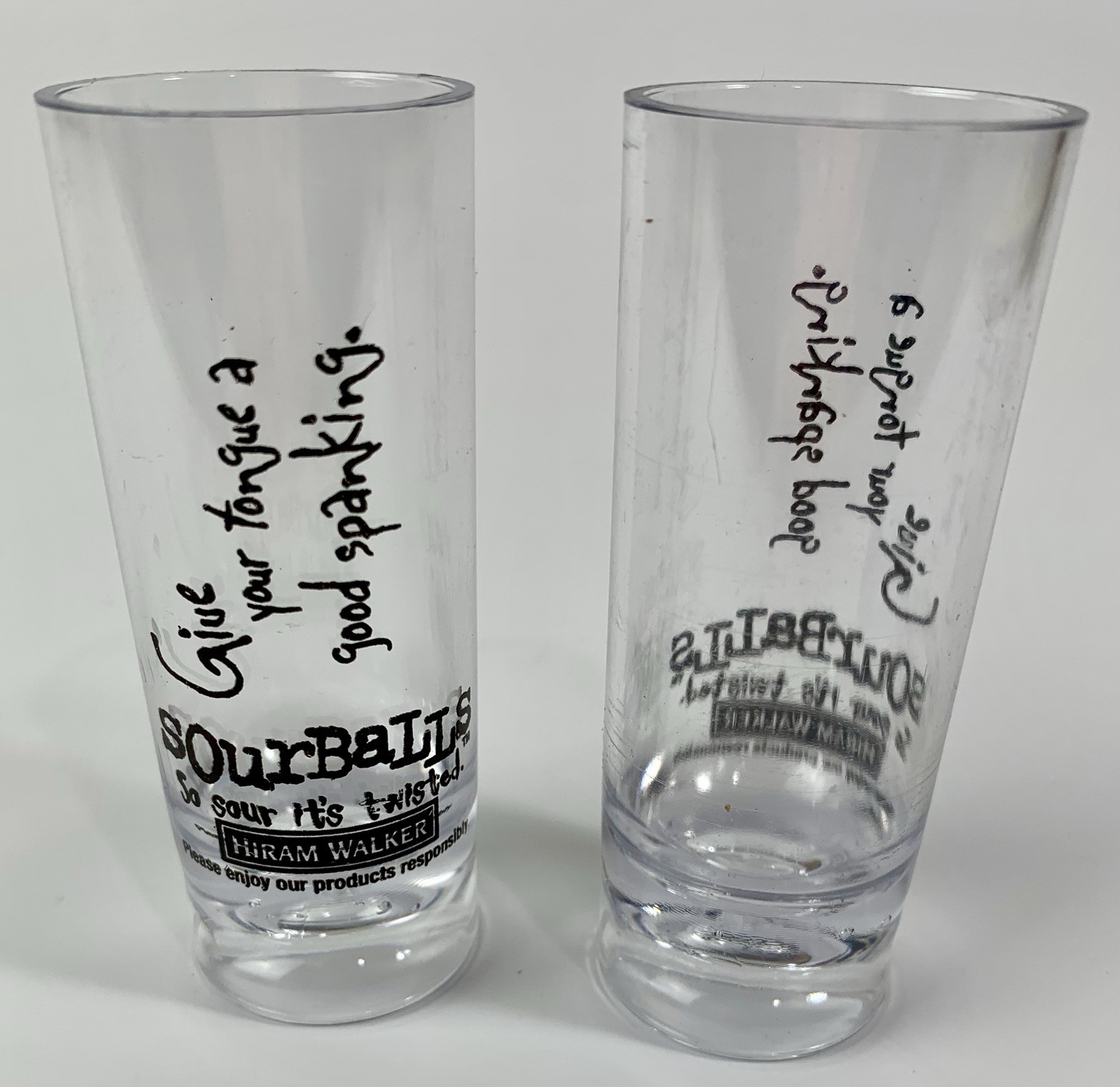 Two SOURBALLS Shot Glasses - Give Your Tongue A Good Spanking - Hiram Walker
