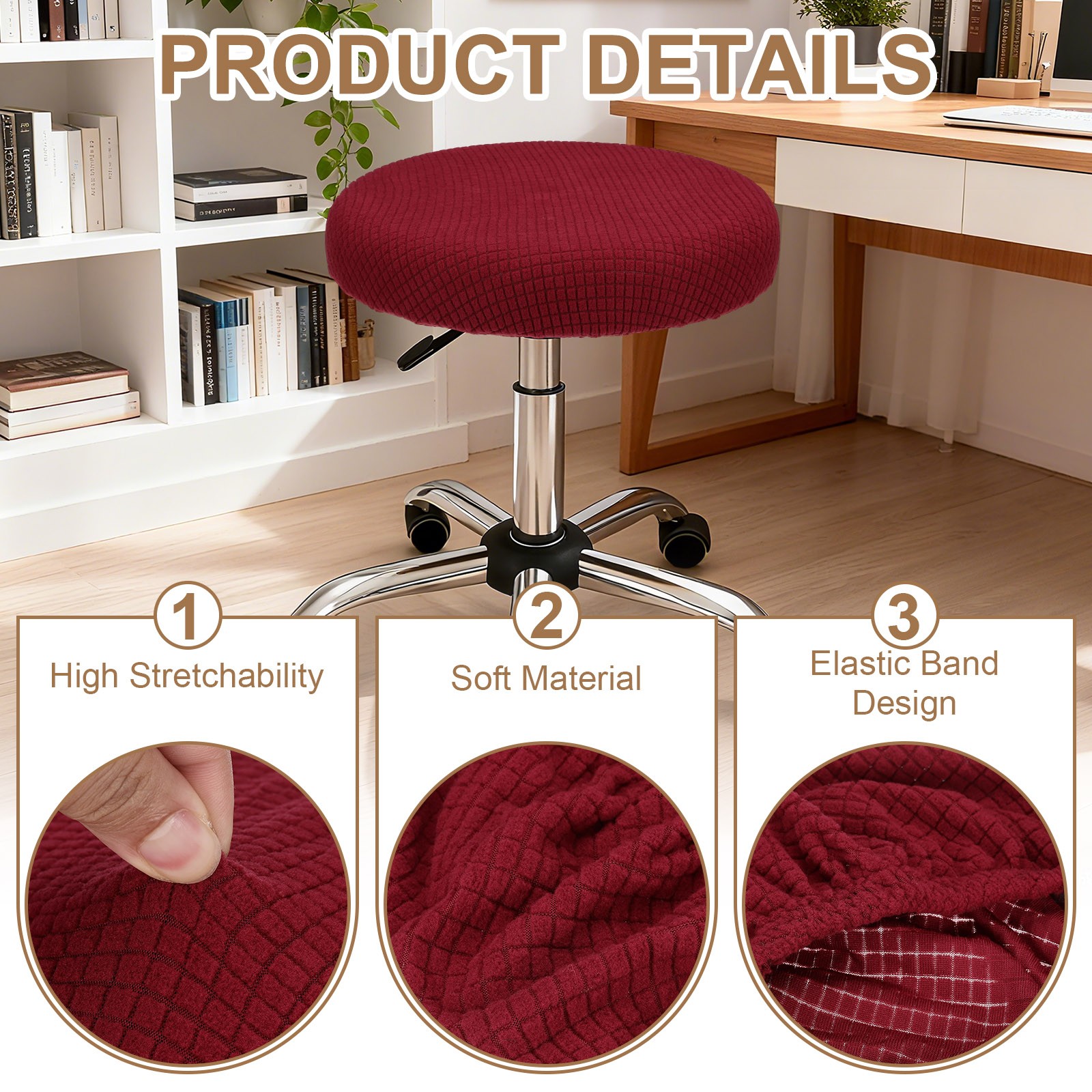 2Pcs Stool Covers Round, Bar Stool Covers with Elastic Bands, Red