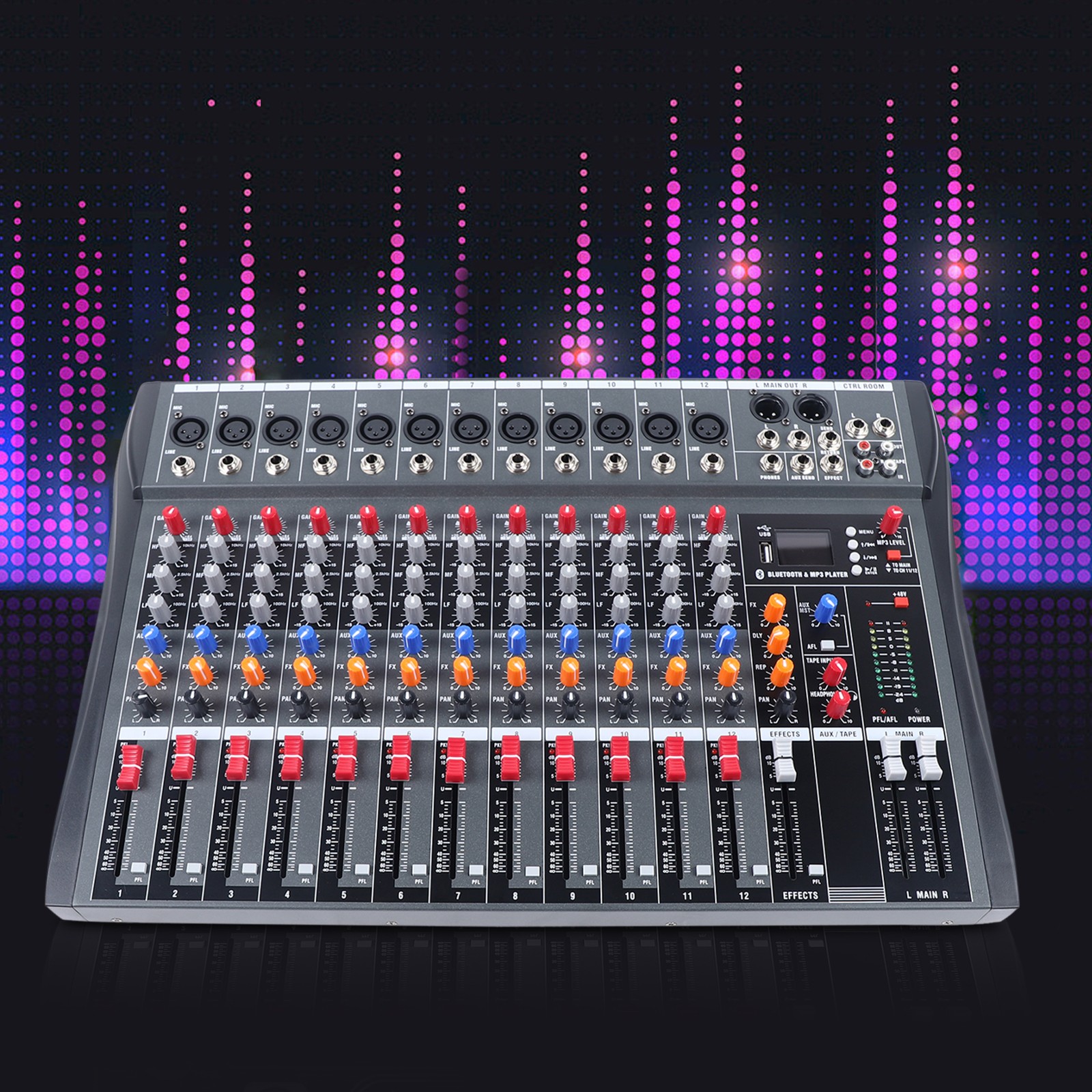 12 Channel Audio Mixer Bluetooth USB DJ Sound Mixing Console Amplifier Studio